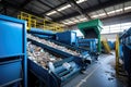 A conveyor belt full of garbage in a factory. Plant for the processing and sorting of garbage and household waste. Waste disposal