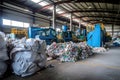 A conveyor belt full of garbage in a factory. Plant for the processing and sorting of garbage and household waste. Waste disposal