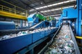 A conveyor belt full of garbage in a factory. Plant for the processing and sorting of garbage and household waste. Waste disposal