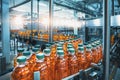 Conveyor belt, juice in bottles, beverage factory interior in blue color, industrial production line Royalty Free Stock Photo