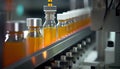 Conveyor belt, juice in bottles on beverage plant or factory interior, industrial production line, selective focus. Royalty Free Stock Photo