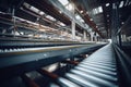 Conveyor Belt in a Large Warehouse, Efficient Handling of Goods in a Spacious Setting, Low Angle on conveyor belt in warehouse, AI