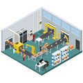 Conveyor Line Factory Interior with Isometric View. Vector