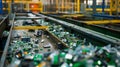 Conveyor belt with many used electrical parts. Sorting of electronic waste, separation of recyclable materials. Royalty Free Stock Photo