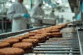 A conveyor belt with meat patties on it Royalty Free Stock Photo
