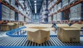 Conveyor belt moves empty boxes in a large warehouse during the day while workers manage inventory and prepare shipments Royalty Free Stock Photo