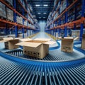 Conveyor belt operation in a warehouse with empty cardboard boxes ready for packaging Royalty Free Stock Photo