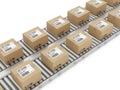 Conveyor belt with parcel boxes isolated on white background Royalty Free Stock Photo