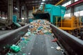 Conveyor belt at recycling plant, waste pile in industrial setting