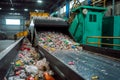 Conveyor belt at recycling plant, waste pile in industrial setting