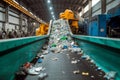 Conveyor belt at recycling plant, waste pile in industrial setting