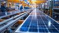 Conveyor belts carrying stacks of assembled solar panels to be packaged and shipped with workers monitoring the process