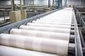 conveyor belts filled with rolls of filter paper