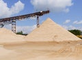 Conveyor belts and sand heaps. Construction industry. Sand quarry. Horizontal photo