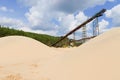 Conveyor belts and sand heaps. Construction industry. Sand quarry. Horizontal photo Royalty Free Stock Photo