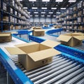 Conveyor belts transport empty boxes in a spacious warehouse setting during daytime operations Royalty Free Stock Photo