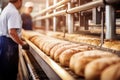 Conveyor with fresh bread at the factory. Bread production enterprise. Bakery. Close-up. Industrial line for baking bread