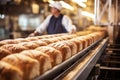 Conveyor with fresh bread at the factory. Bread production enterprise. Bakery. Close-up. Industrial line for baking bread