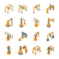 Conveyor Machines Robotic Hand Icons Set Isometric View. Vector