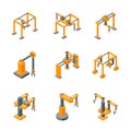 Conveyor Machines Robotic Hand Icons Set Isometric View. Vector