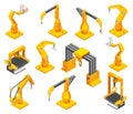 Conveyor machines with robotic hand. Isometric set of yellow grey automatic equipment. Industry technology concept. Vector illustr