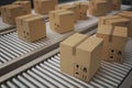 Conveyor with many cardboard boxes. Package delivery concept. 3D rendered illustration.