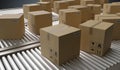 Conveyor with many cardboard boxes. Package delivery concept. 3D rendered illustration. Royalty Free Stock Photo