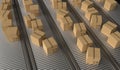 Conveyor with many cardboard boxes. Package delivery concept. 3D rendered illustration. Royalty Free Stock Photo