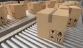 Conveyor with many cardboard boxes. Package delivery concept. 3D rendered illustration. Royalty Free Stock Photo