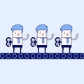 Conveyor produces similar businessman mechanical workers. Cartoon character thin line style vector