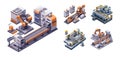 Conveyor production line isometric set. Automated manufacturing heavy industry robots manipulators stream vector Royalty Free Stock Photo