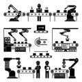 Conveyor production manufacturing line and workers vector icons Royalty Free Stock Photo