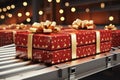Conveyor roller carrying a 3D rendered Xmas gift box