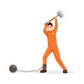 Prisoner breaking shackles flat vector illustration. Man in prison uniform holding huge sledge hammer, trying to break