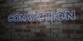 CONVICTION - Glowing Neon Sign on stonework wall - 3D rendered royalty free stock illustration