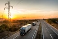 Convoy of blue lorry trucks on a highway