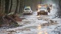 A convoy of emergency response vehicles navigating through muddy roads and fallen trees to reach floodhit areas