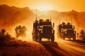 convoy of military trucks driving through a dusty desert with a stunning sunset in the background