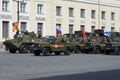 A convoy of military vehicles before the rehearsal of parade in honor of Victory day. St. Petersburg Royalty Free Stock Photo