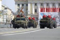 A convoy of rocket launchers coming out on Palace square. Rehearsal of parade in honor of Victory Day, St. Petersburg