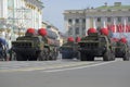 A convoy of rocket launchers S-300PM in the march on the Palace square