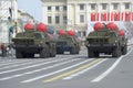 A convoy of rocket launchers ZRS S-300PM on rehearsal of parade in honor of Victory Day on Palace square