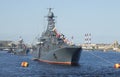 A convoy of ships of the Baltic fleet on parade in honor of Victory day. Saint Petersburg