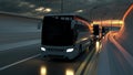 A convoy of three white buses drive on a highway at sunset backlit by a bright orange sunburst under an ominous cloudy sky. 3d