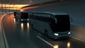 A convoy of three white buses drive on a highway at sunset backlit by a bright orange sunburst under an ominous cloudy sky. 3d Royalty Free Stock Photo