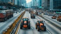 A convoy of tractors with activated lights participating in a rally on a busy urban road.