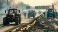 A convoy of tractors with activated lights participating in a rally on a busy urban road.