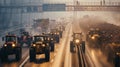 A convoy of tractors with activated lights participating in a rally on a busy urban road.