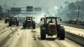 A convoy of tractors with activated lights participating in a rally on a busy urban road.