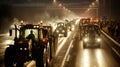 A convoy of tractors with activated lights participating in a rally on a busy urban road.